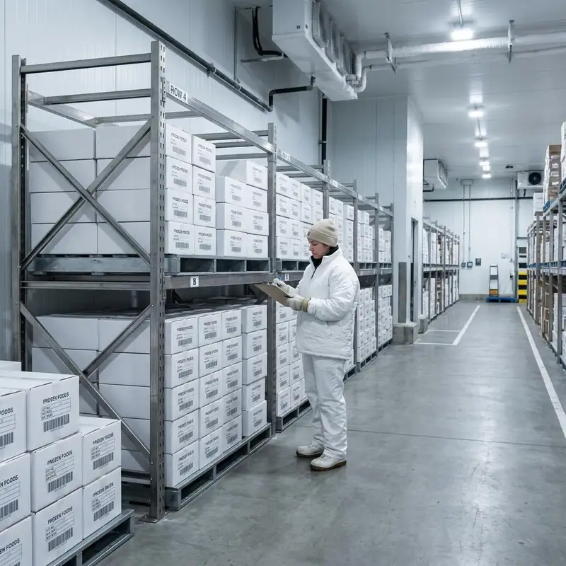 Cámara de almacenamiento frigorífico con cajas ordenadas